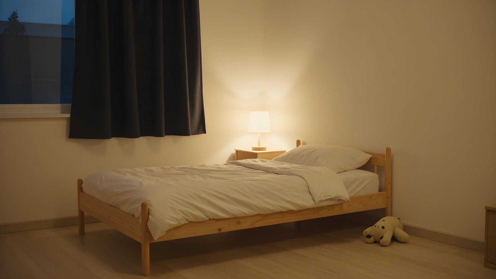 Barnrum i varmt kvällsljus med mörkläggningsgardinen halvdragen, en tänd sänglampa, en bäddad säng i furu och ett gosedjur på golvet.