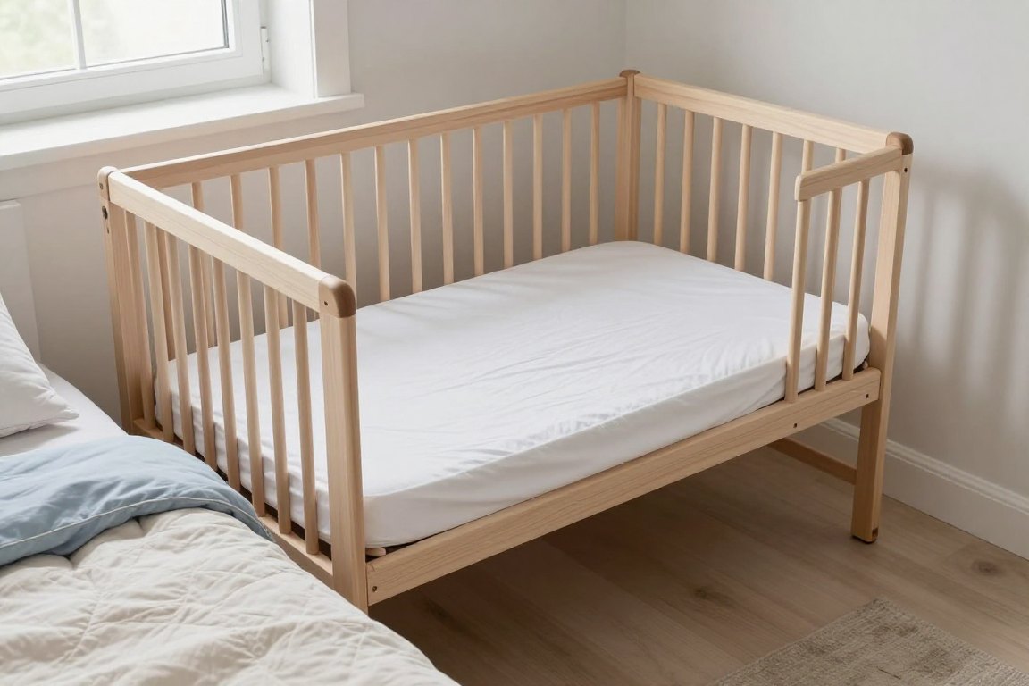 Bedside crib i ljus furu med öppen långsida utan grind, placerad tätt intill en vuxensäng i samma höjd så madrasserna möts