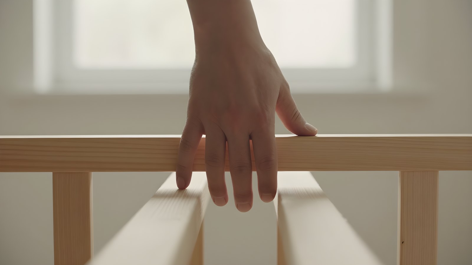 En vuxen hand som känner efter mellanrummet mellan två vågräta slåar i en sängram av ljust trä.