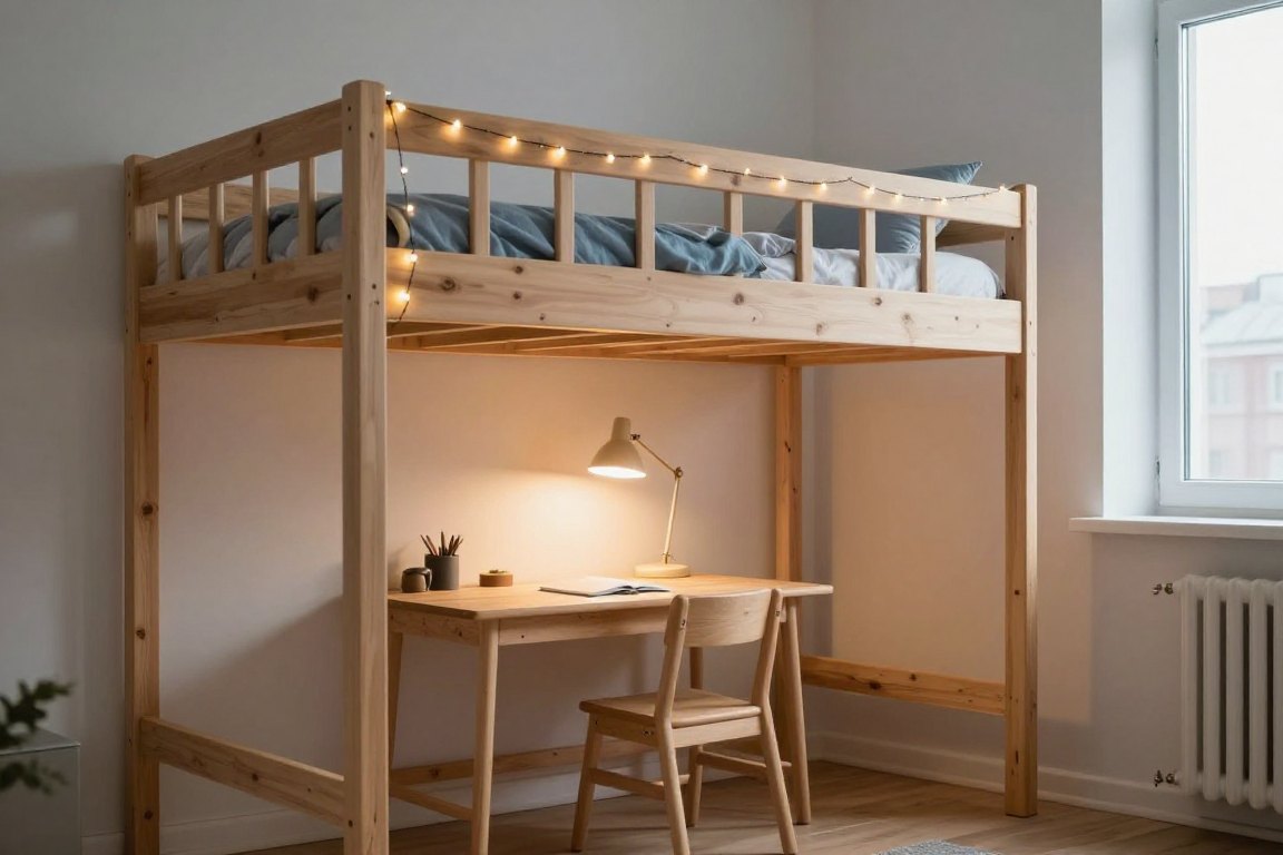 Loftsäng med skrivbord och arbetslampa under