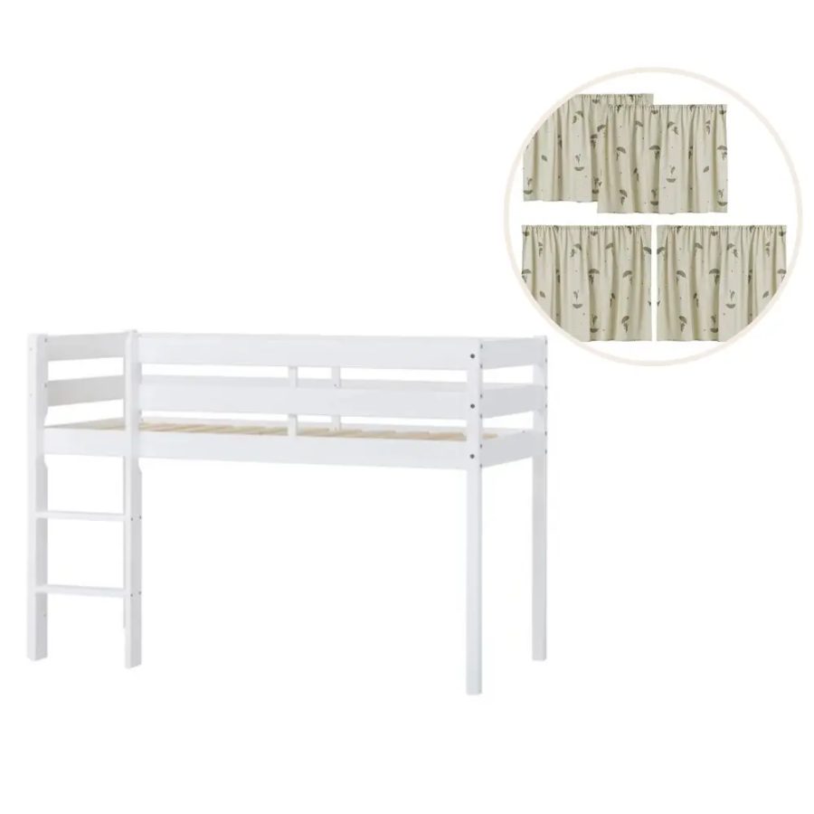 ECO Comfort Halvhög säng - Vit/Grönt Gardin