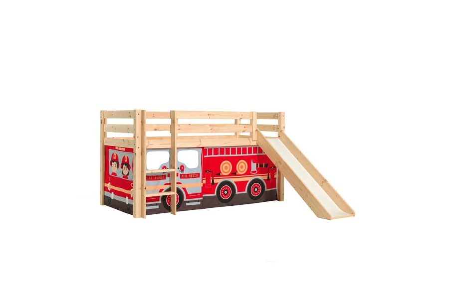 Halvhög säng med gardin och rutschkana Pino, Brandbil