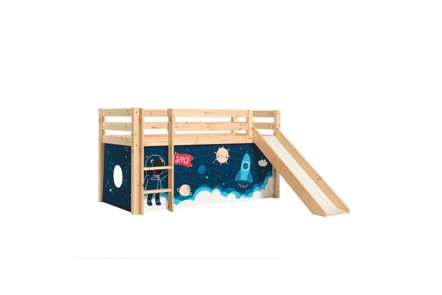 Halvhög säng med gardin och rutschkana Pino, Rymdfärja