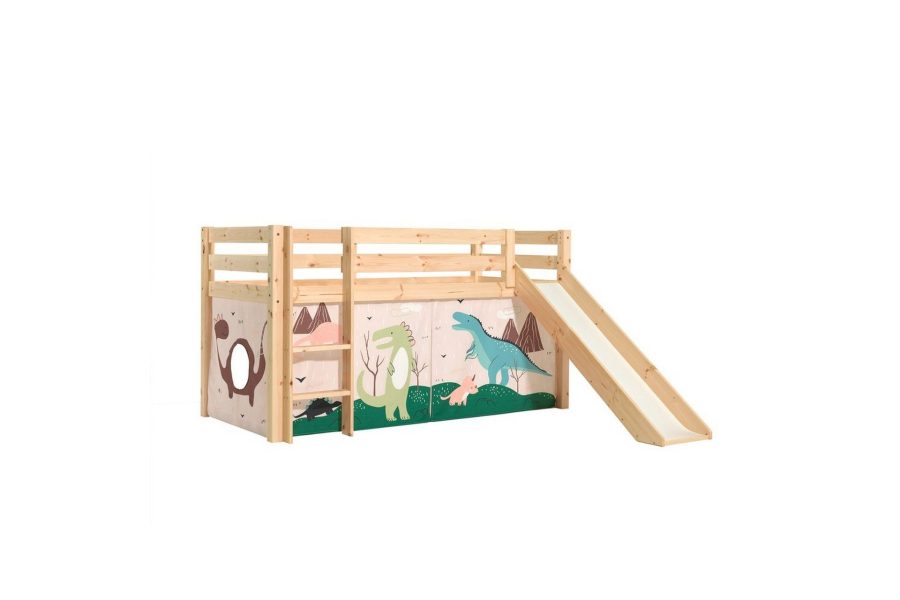 Halvhög säng med gardin och rutschkana Pino, Dino