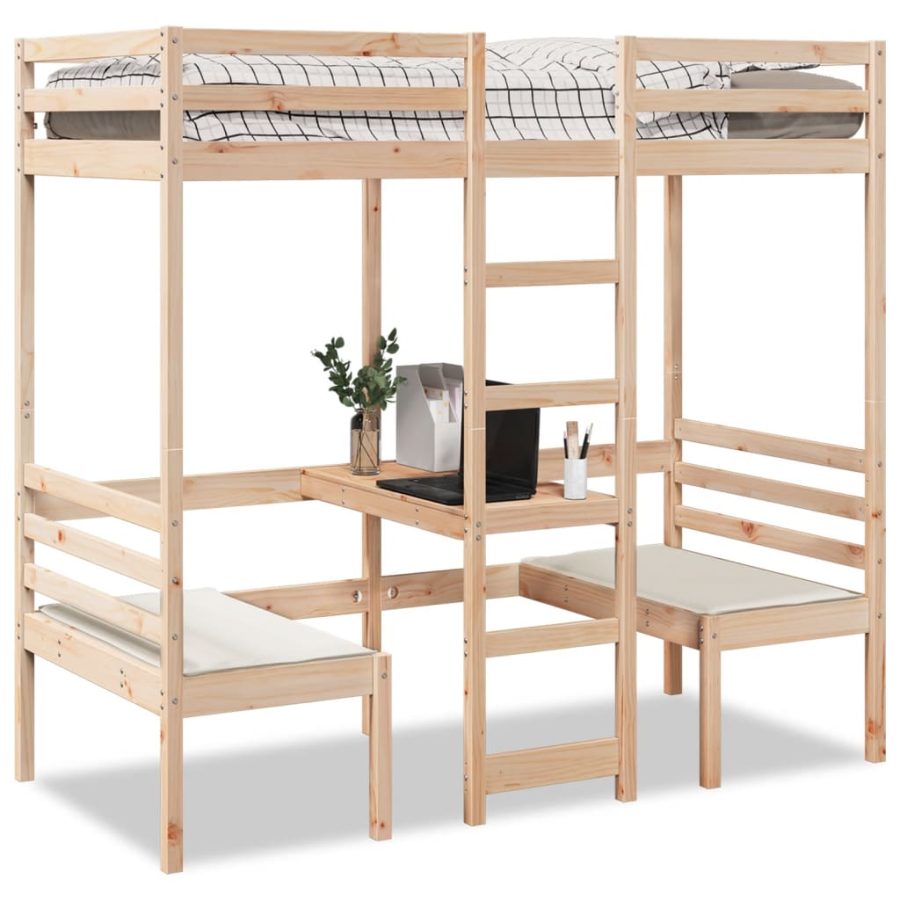 Loftsäng med skrivbord och bänkar