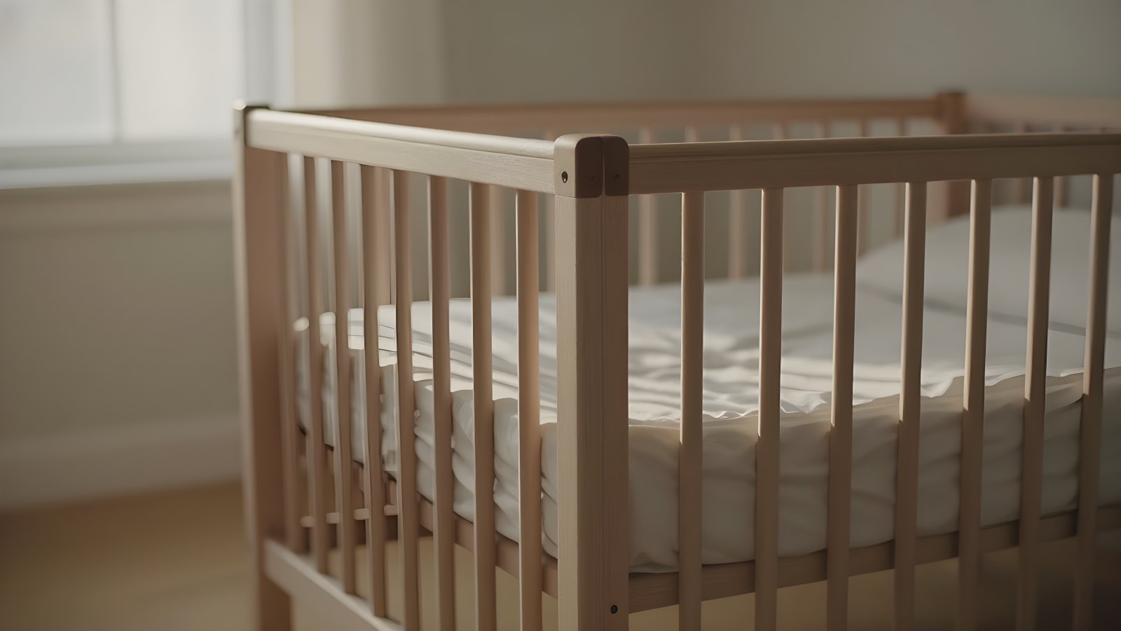 Vagga i ljust trä i dämpat morgonljus, med sidogrindens spjälor och hörnbeslaget i fokus och vit bäddning innanför.