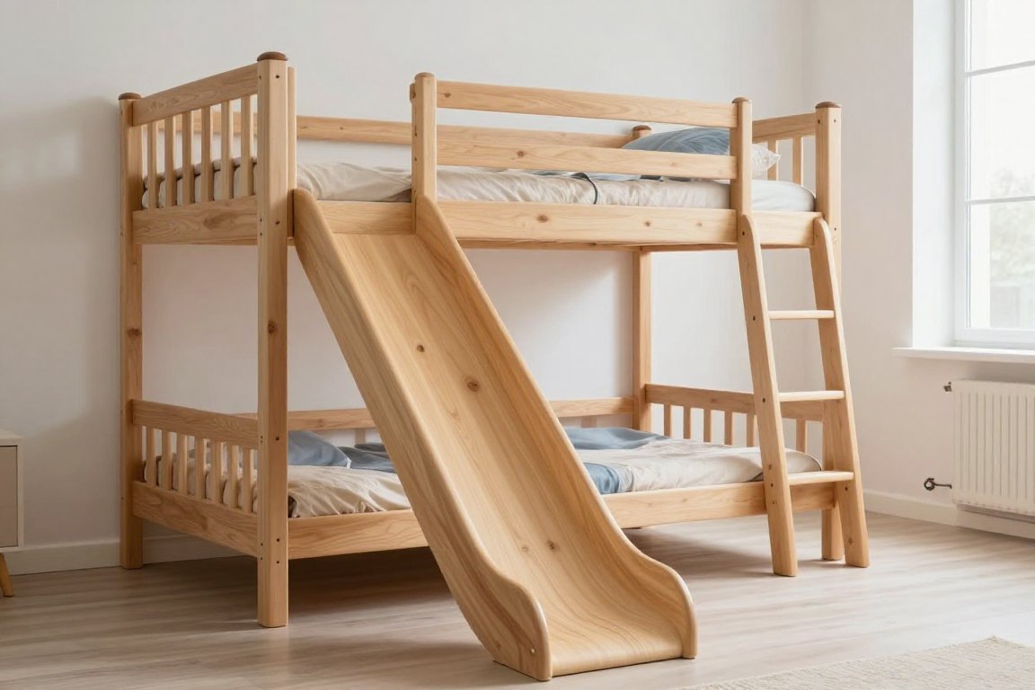 Våningssäng i ljus furu med rutschkana som går från en öppning i överbäddens fallskydd ner till golvet, fri golvyta framför kanan